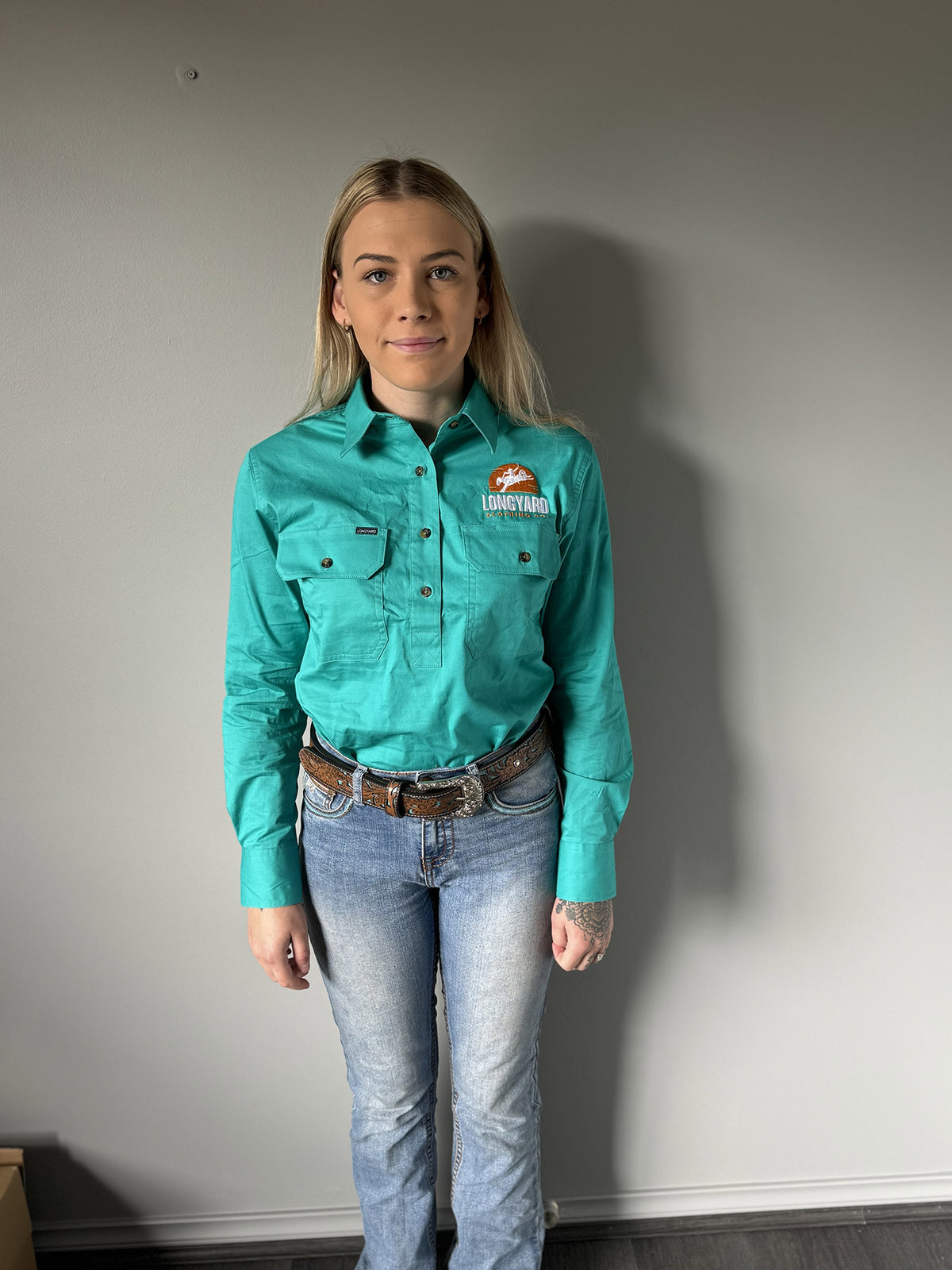 Womens Work Shirt Half Button Jade