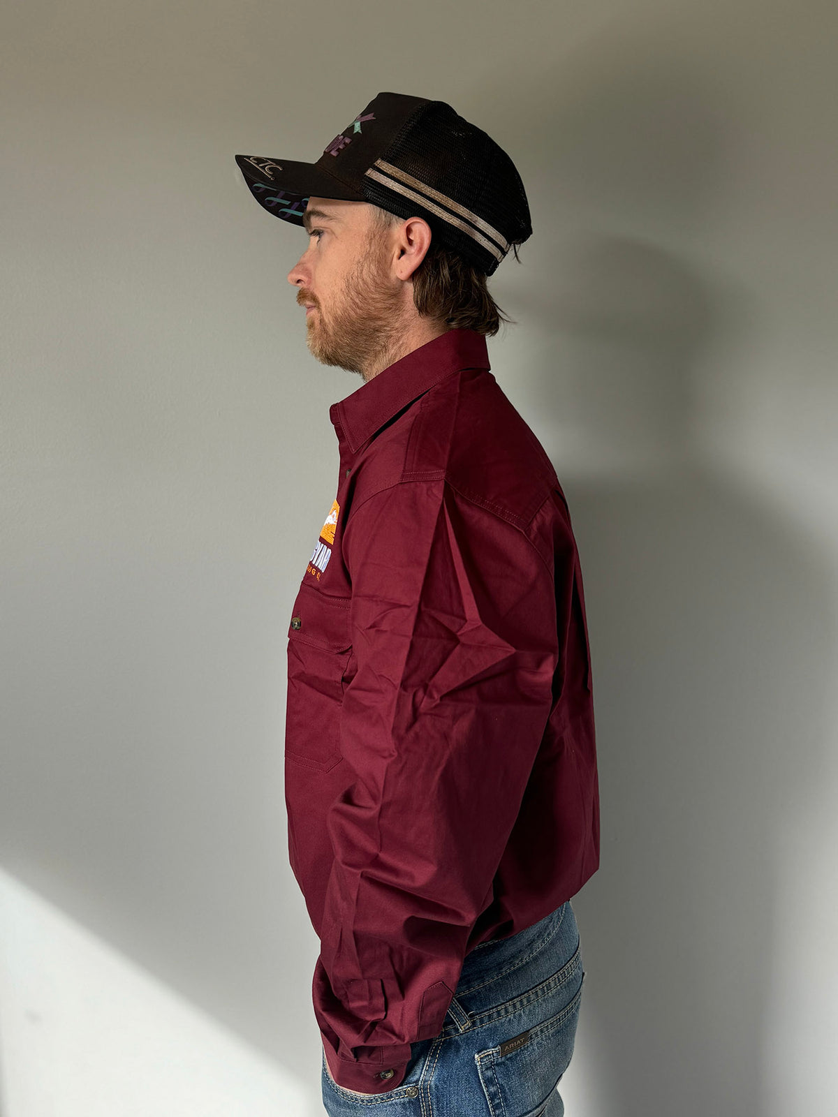 Mens Work Shirt Maroon Half Button